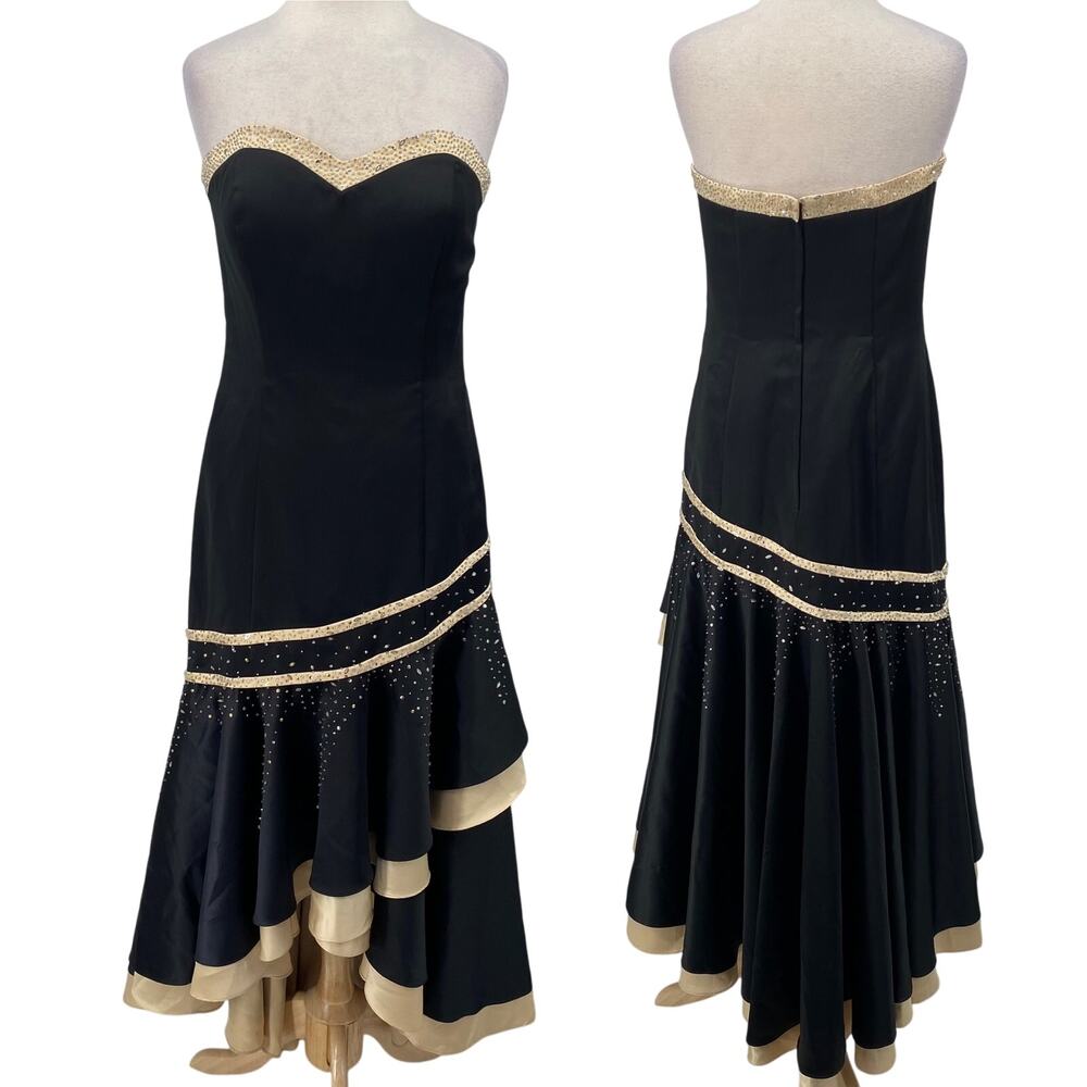 Vintage Y2k Camille La Vie Gown Beaded Strapless Satin Sweetheart Black Beige 10